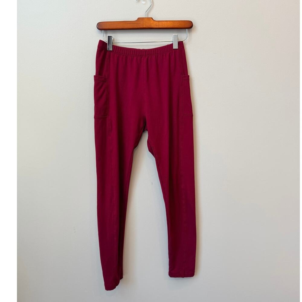 Burgundy Fleece Lined Leggings Small Medium High Waisted Side Pockets Wine Red